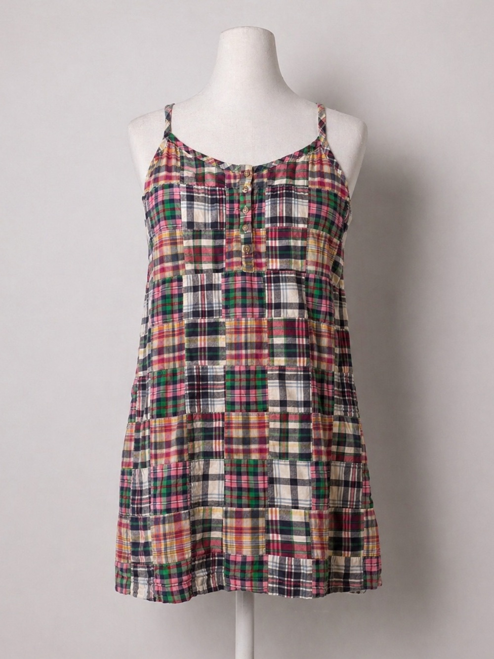 Vintage Old Navy Patchwork Dress Womens L Preppy Madras Sundress Cross Back